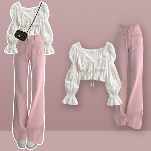 Puff Sleeve Shirt Flared Pink Denim Pants Set