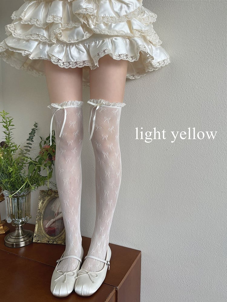 Stockings White/Light Overknee Yellow/Black Lace Trim Bowknot Details