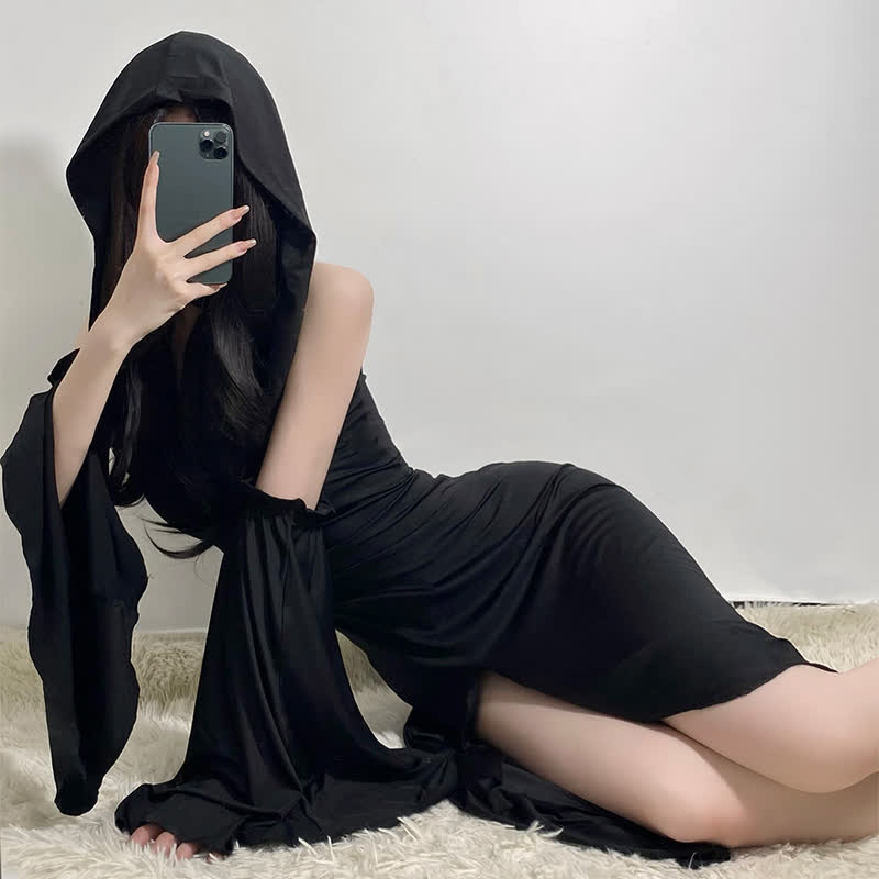 Black Witch Sleeveless Hooded Split Dress