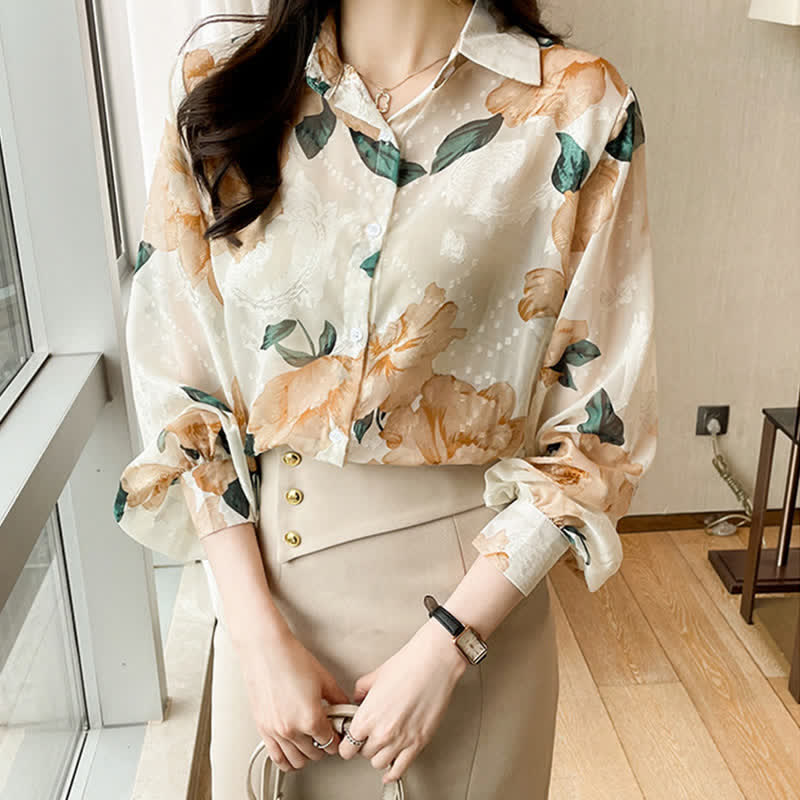 Sweet Floral Puff Sleeve Lapel Chiffon Shirt