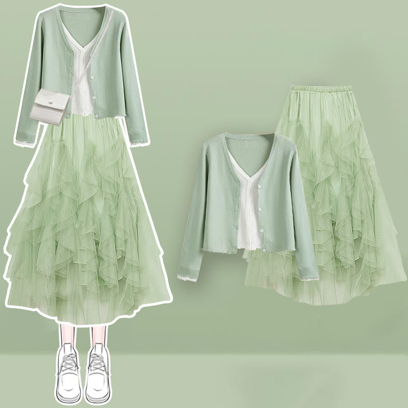 Colorblock Fake Shirt Tulle Tiered Skirt Set