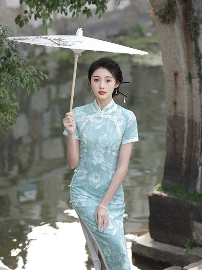 Light Green Floral Cheongsam Dress