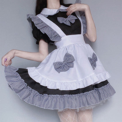 Kawaii Plaid Bow Tie Lolita Maid Ruffle Costume Dress