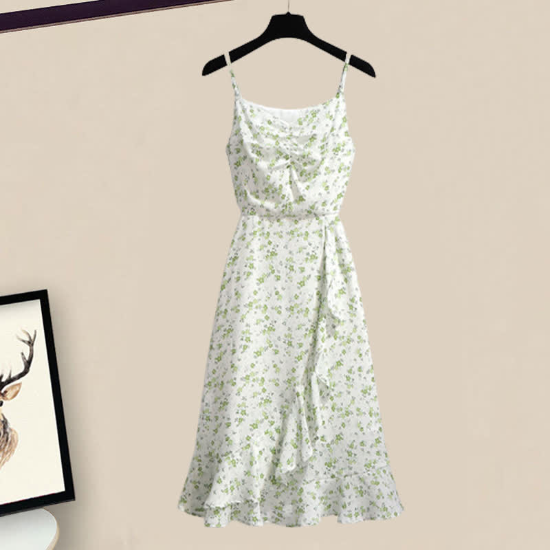 Green Floral Print Slip Dress Set