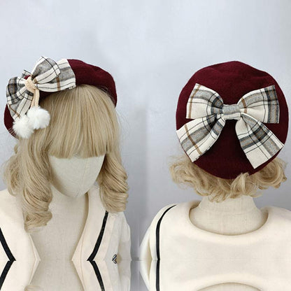 Vintage Bow Knot Plaid Lolita Beret