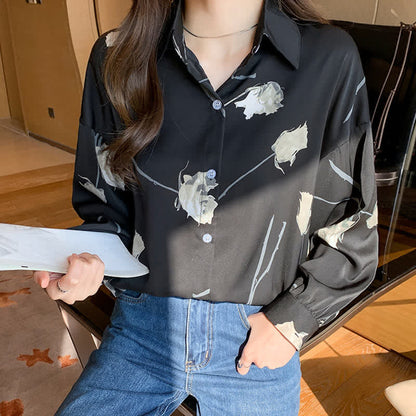 Rose Print Lapel Satin Shirt