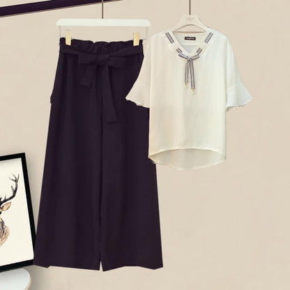 Elegant Bowknot Chiffon T-Shirt Lace Up Wide Leg Pants