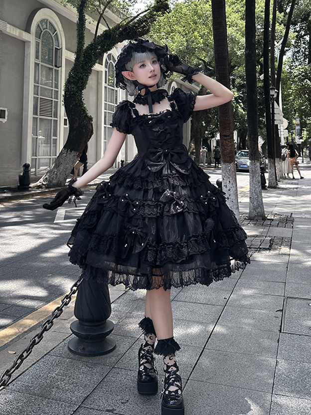 with Black Details Dress Big Accents Princess Lolita Bead All at Back and Bow