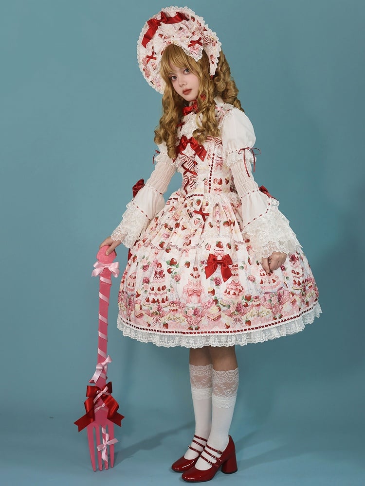 / Sweet Set Desserts Strawberry White Lolita JSK Print Bow and Full Accents
