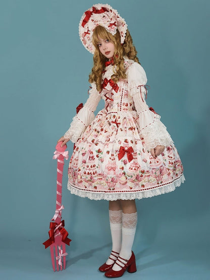 / Sweet Set Desserts Strawberry White Lolita JSK Print Bow and Full Accents