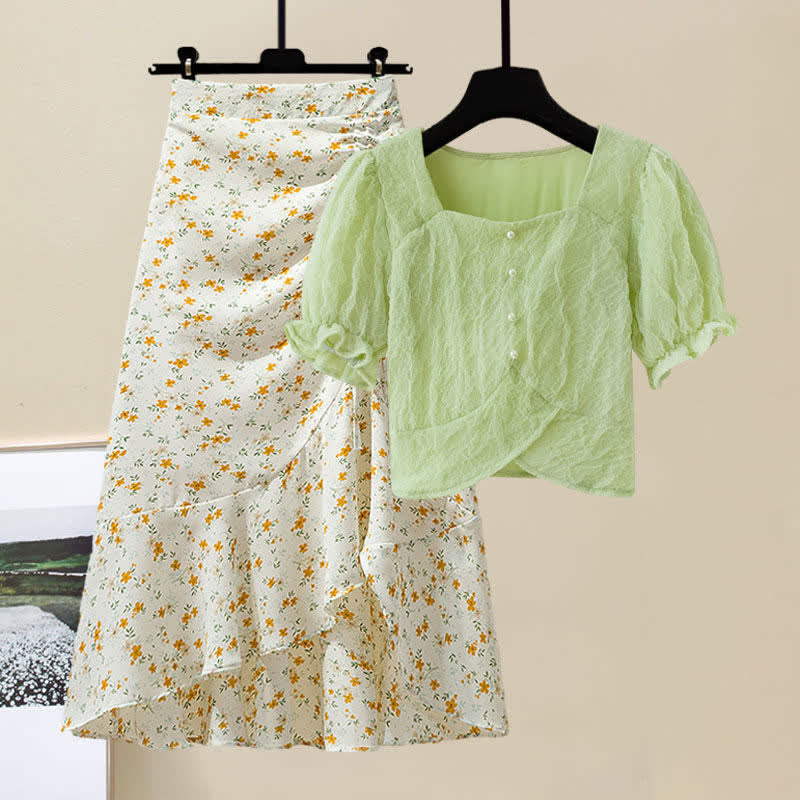 Sqaure Collar Pure Color T-Shirt Floral Print Skirt Set