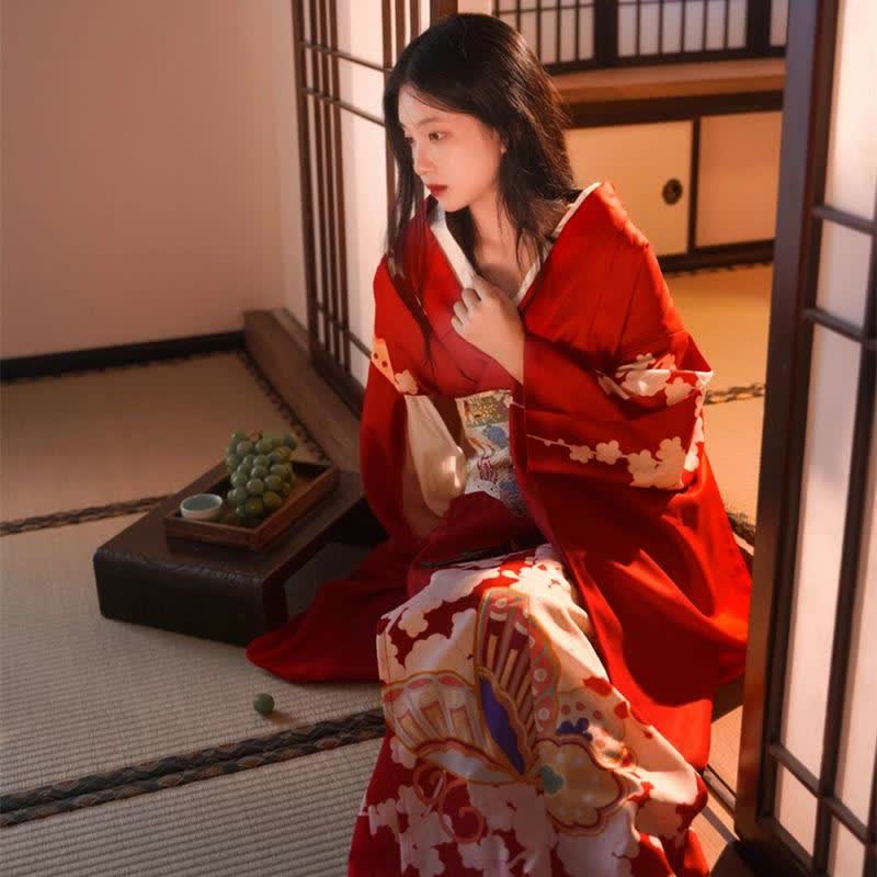 Red Elegant Print Traditional Kimono Dress