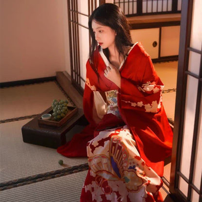 Red Elegant Print Traditional Kimono Dress