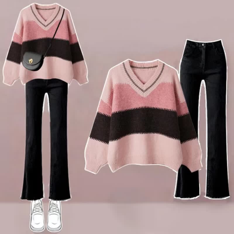 Sweet Stripe Sweater Casual Pants Set modakawa