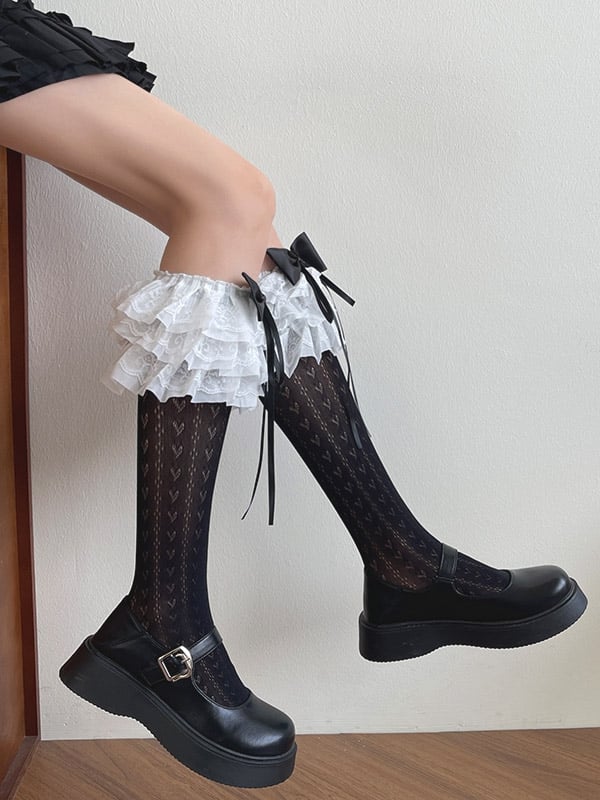 Heart Stockings Underknee Print Lace Ruffle Trims White/Black Bowknot