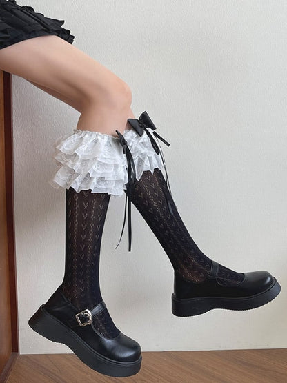 Heart Stockings Underknee Print Lace Ruffle Trims White/Black Bowknot