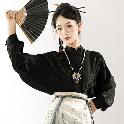 Vintage Long Sleeve Jacquard Shirt Character Print Pleated Skirt