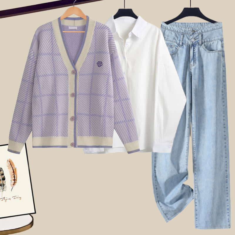 Purple Plaid Cardigan Lapel Shirt Denim Pants Set