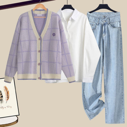 Purple Plaid Cardigan Lapel Shirt Denim Pants Set