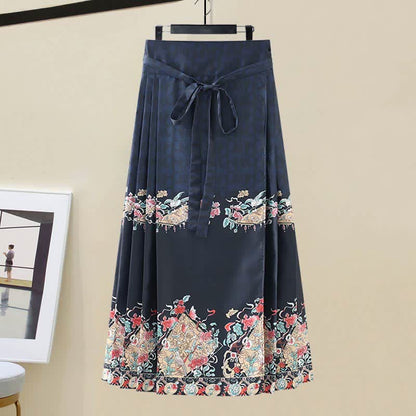 Graceful Hanfu Buckle T-Shirt Lace Up Graghic Print Pleated Skirt