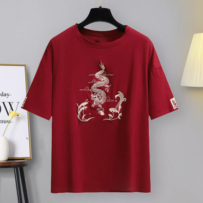 Vintage Dragon Embroidery T-Shirt Tassel Pants Set