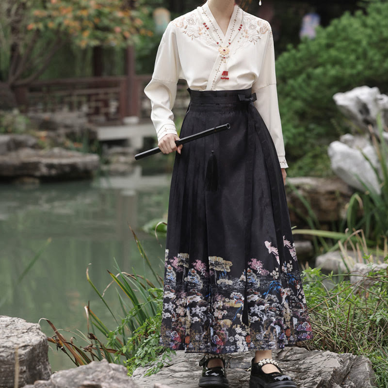 Elegant V-neck Long Sleeve Shirt Vintage Print Pleated Skirt