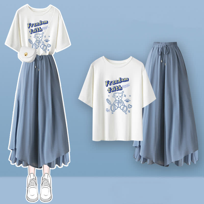 Cartoon Bear Letter Print T-Shirt Blue Pantskirt