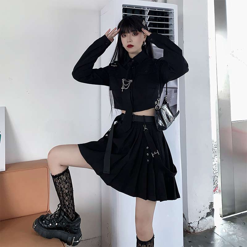 Cool Black Pocket Shirt Pleated Skirt Tie Set