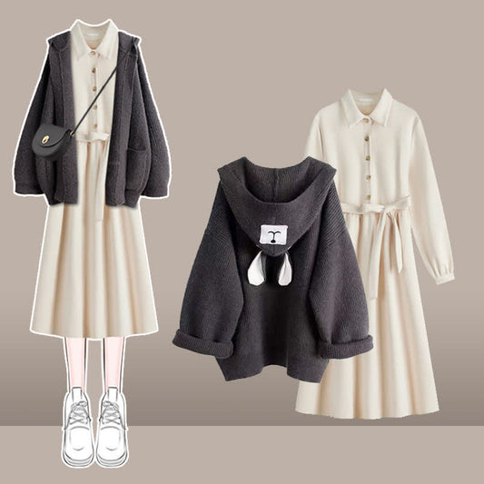 Bear Ears Hooded Cardigan Sweater Belted Lapel Dress