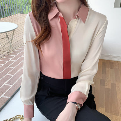 Pink White Colorblock Lapel Shirt Workwear