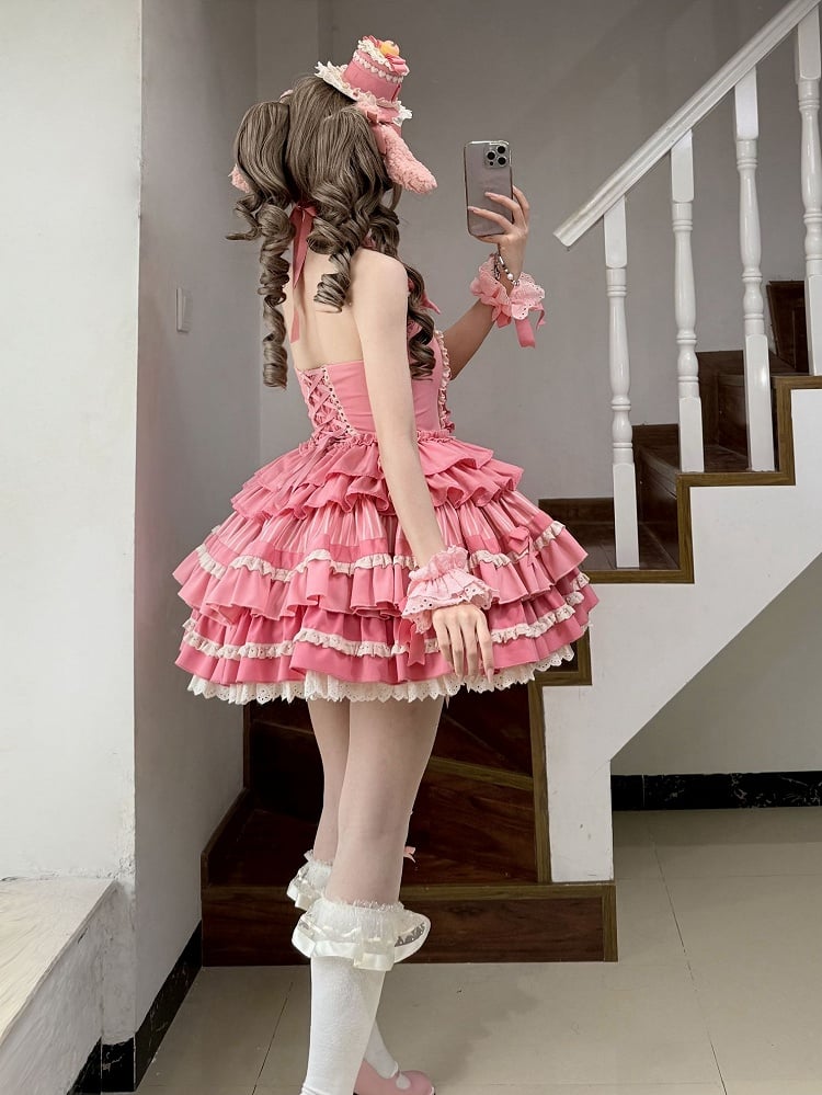 Neck Rose Skirt Sweet Ruffle Idol Lolita Accents Halter Dress Pink Bow Tiered