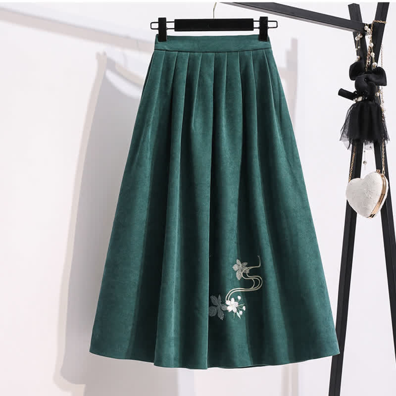 Green Floral Bow Knot Coat Pleated Skirt Vintage Set