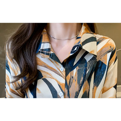 Elegant Colorblock Lapel Long Sleeve Chiffon Shirt