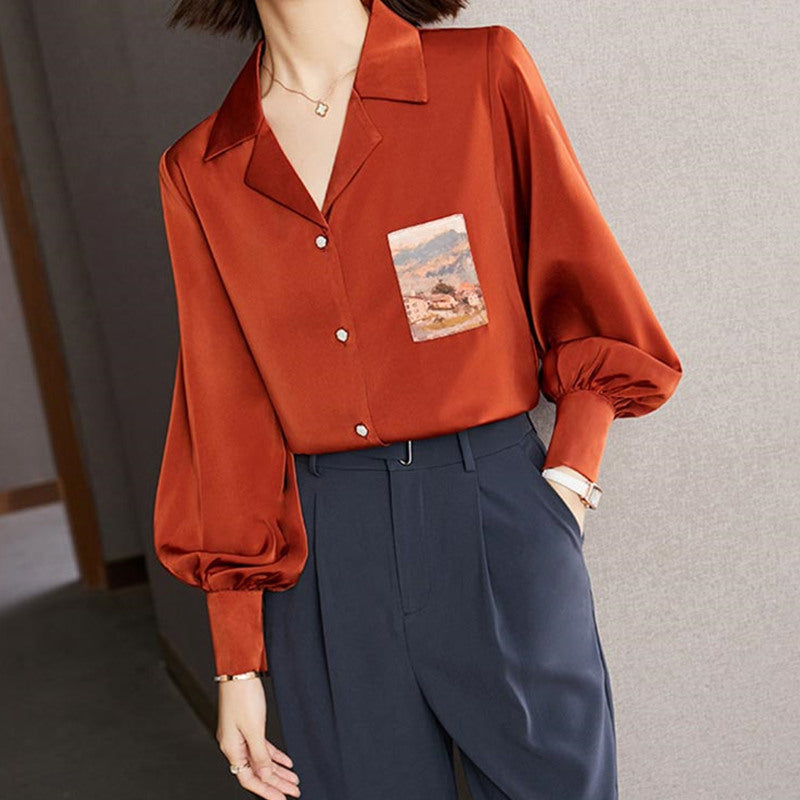 Vintage Red Puff Sleeve Chiffon Shirt