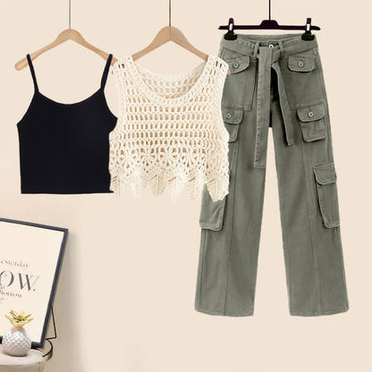 Hollow Out Crochet Crop Top Cami Top Cargo Pants