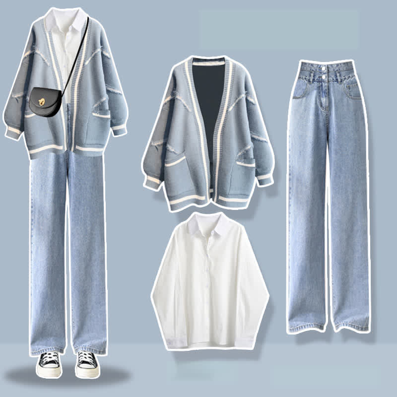 Blue Letter Cardigan Sweater Lapel Shirt Denim Pants Set modakawa