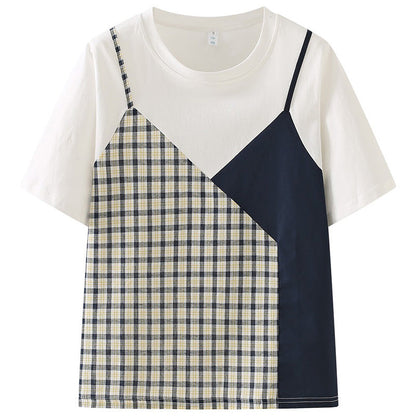 Sweet Plaid Color Block Fake Two Piece T-Shirt