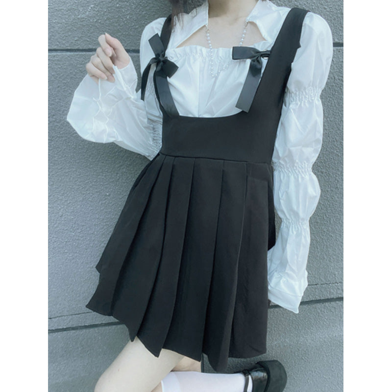 Sweet Square Collar Puff Sleeve Shirt Pleated Suspender Skirt Set