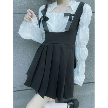 Sweet Square Collar Puff Sleeve Shirt Pleated Suspender Skirt Set