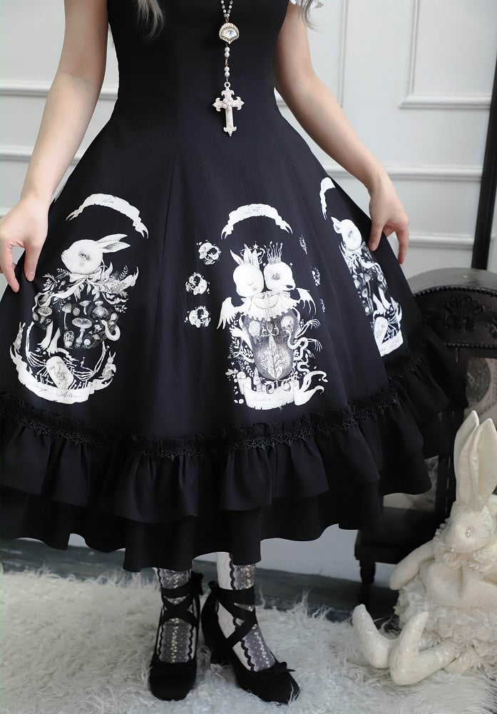 Bunny Gothic Dress Print Slim Fit Dark Waist Black Lolita