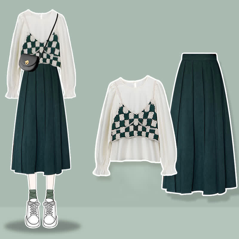 Green Plaid Vest Chiffon Shirt Pleated Skirt Set