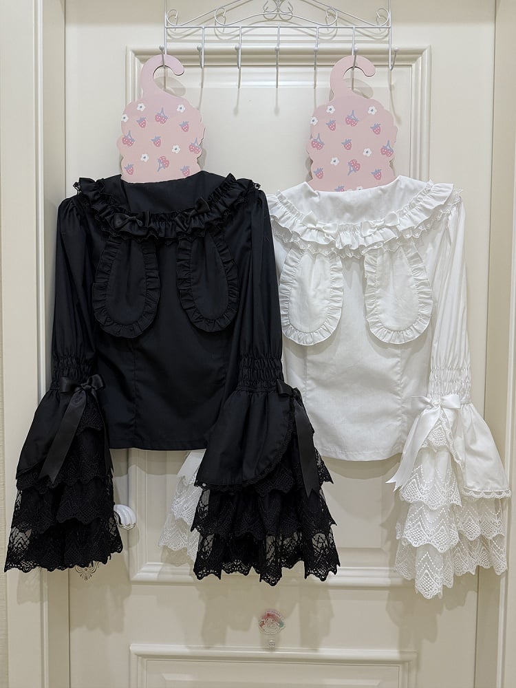 Bunny White Sleeves Ears Collar Long Black Pink / Shirt