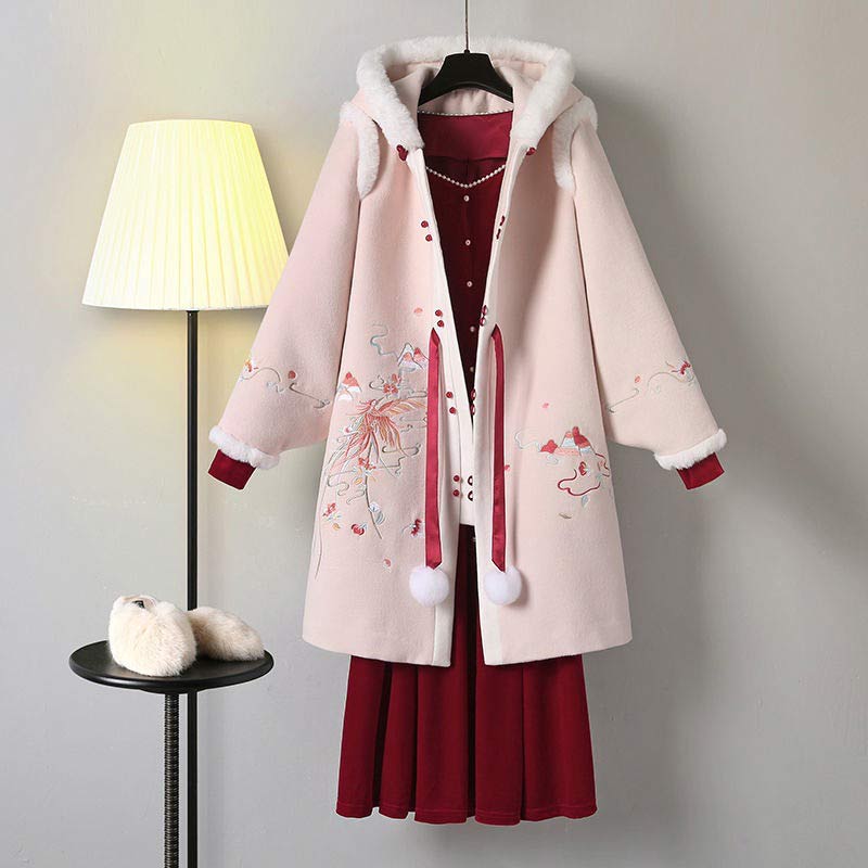Charming Floral Embroidery Hooded Coat Dress Set