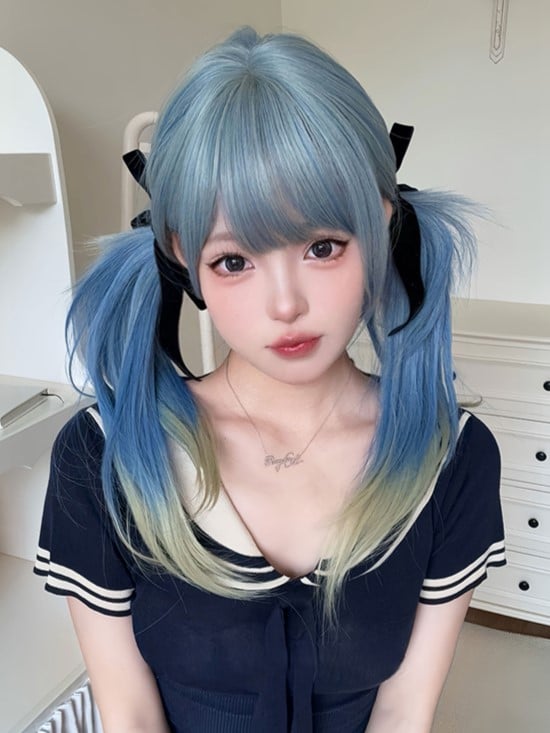 Length Hair Wig With 65CM Blue Cut Straight Color Bangs Hime Air Ombre