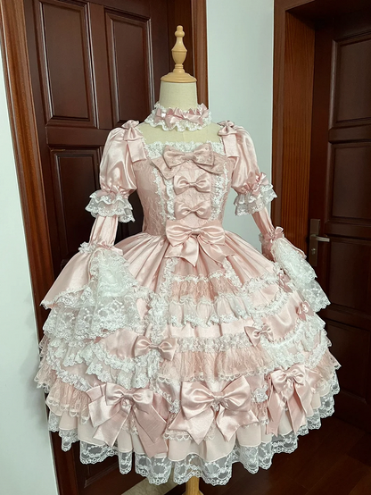 with Princess Pink Detachable High Dress Bow Accents Lolita Waist Sleeves Sweet