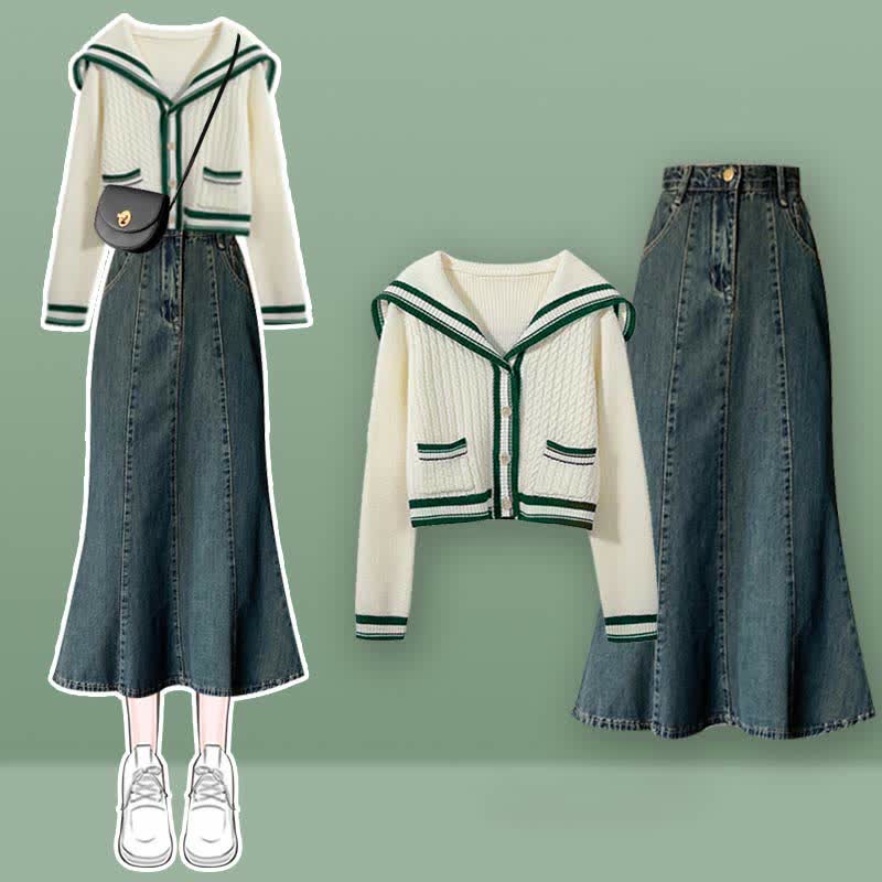 Sailor Collar Cable Sweater Slip Dress Denim Skirt