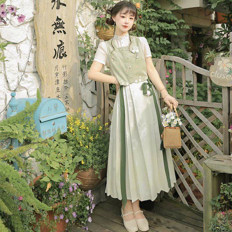 Vintage Vest Chiffon T-Shirt Pleated Skirt