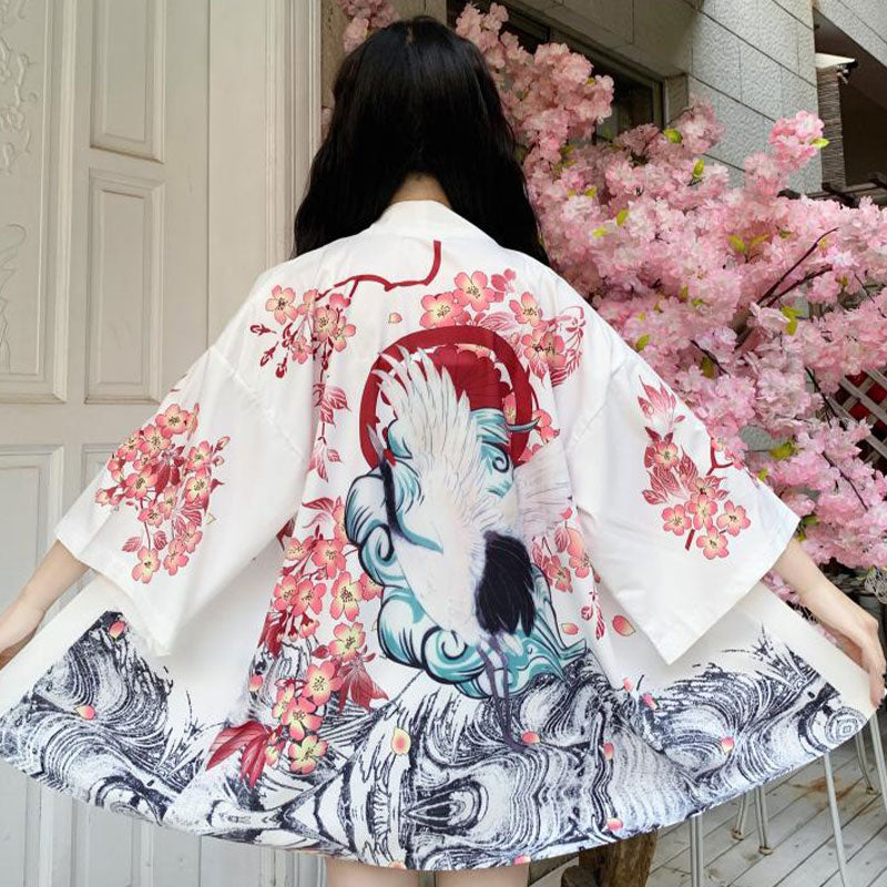 Vintage Crane Sakura Floral Print Cardigan Kimono Outerwear