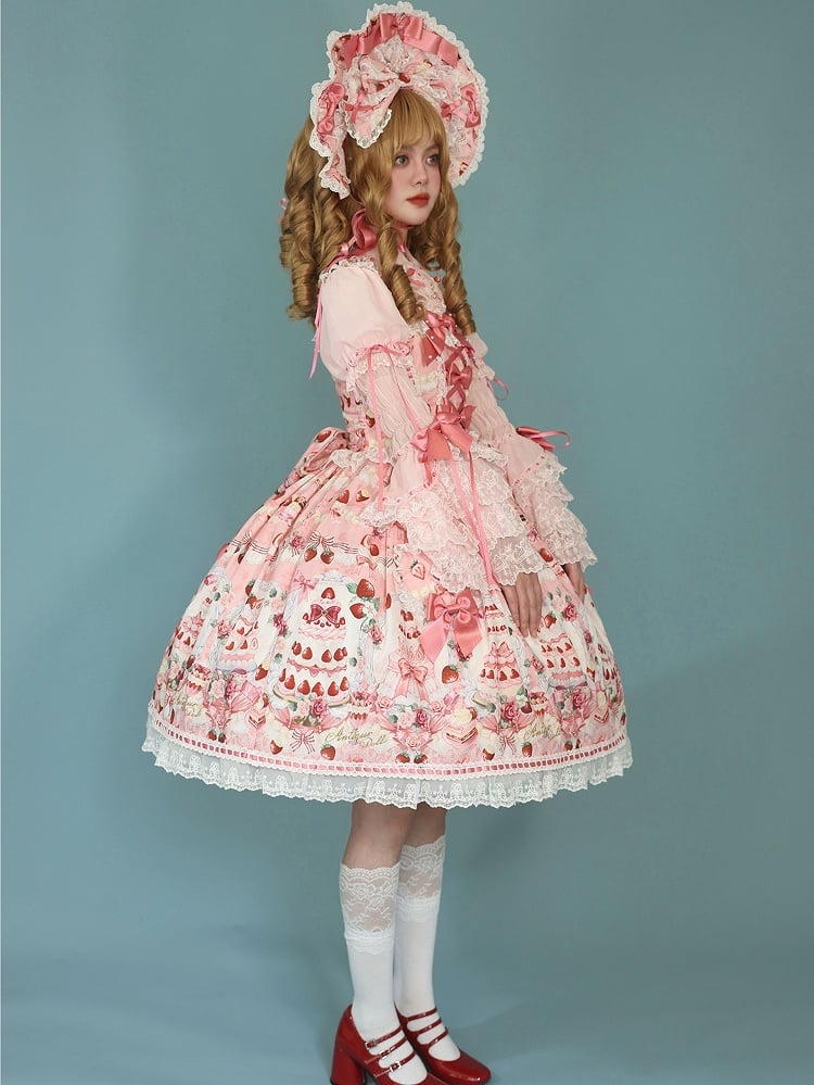 Pink Strawberry and Print JSK Full / Bow Sweet Set Lolita Desserts Accents