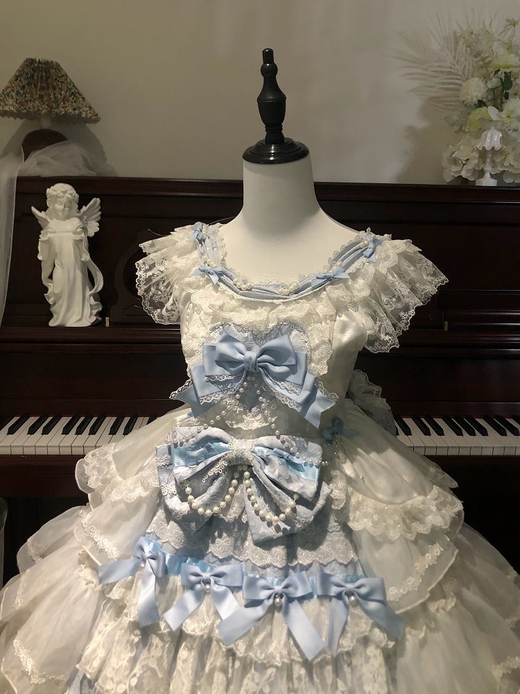 Hanayome and Hime Dress Blue Lolita Decoration White Skirt Bows Tiered